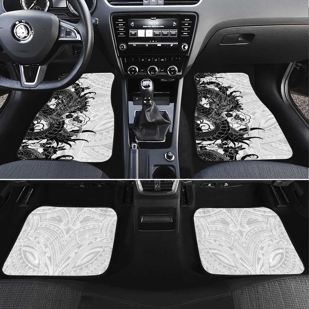 Hawaiian And Japanese Culture Car Mats Irezumi Dragon With Polynesian Pattern White - Polynesian Pride