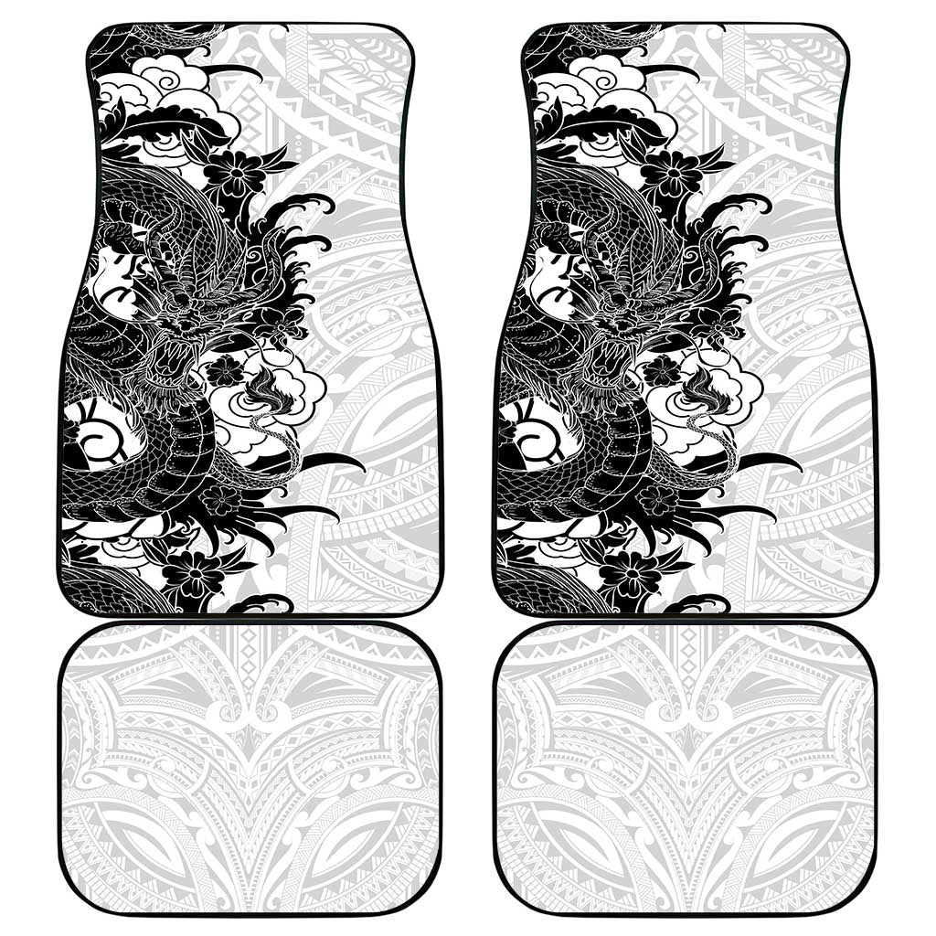 Hawaiian And Japanese Culture Car Mats Irezumi Dragon With Polynesian Pattern White - Polynesian Pride