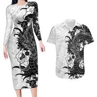 Hawaiian And Japanese Culture Couples Matching Long Sleeve Bodycon Dress and Hawaiian Shirt Irezumi Dragon With Polynesian Pattern White - Polynesian Pride
