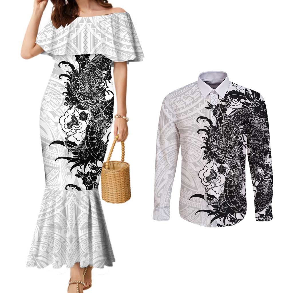 Hawaiian And Japanese Culture Couples Matching Mermaid Dress and Long Sleeve Button Shirt Irezumi Dragon With Polynesian Pattern White - Polynesian Pride