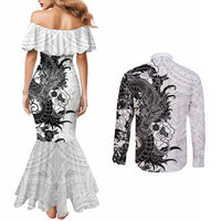 Hawaiian And Japanese Culture Couples Matching Mermaid Dress and Long Sleeve Button Shirt Irezumi Dragon With Polynesian Pattern White - Polynesian Pride
