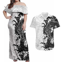 Hawaiian And Japanese Culture Couples Matching Off Shoulder Maxi Dress and Hawaiian Shirt Irezumi Dragon With Polynesian Pattern White - Polynesian Pride