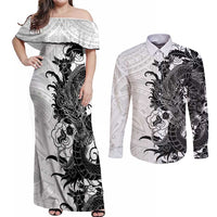 Hawaiian And Japanese Culture Couples Matching Off Shoulder Maxi Dress and Long Sleeve Button Shirt Irezumi Dragon With Polynesian Pattern White - Polynesian Pride