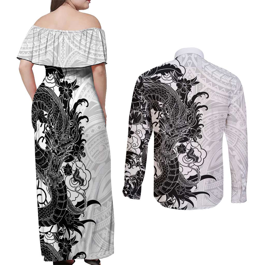 Hawaiian And Japanese Culture Couples Matching Off Shoulder Maxi Dress and Long Sleeve Button Shirt Irezumi Dragon With Polynesian Pattern White - Polynesian Pride