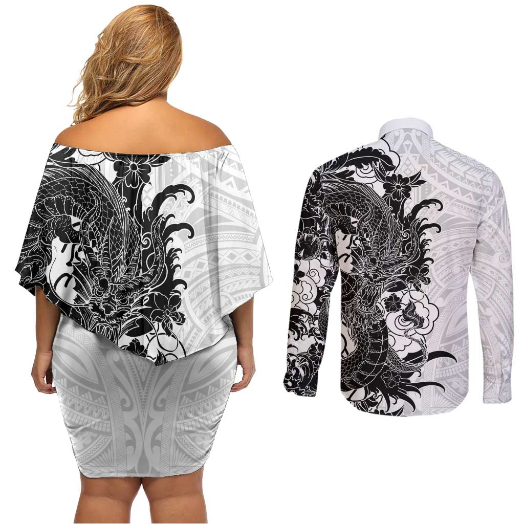 Hawaiian And Japanese Culture Couples Matching Off Shoulder Short Dress and Long Sleeve Button Shirt Irezumi Dragon With Polynesian Pattern White - Polynesian Pride
