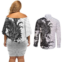 Hawaiian And Japanese Culture Couples Matching Off Shoulder Short Dress and Long Sleeve Button Shirt Irezumi Dragon With Polynesian Pattern White - Polynesian Pride