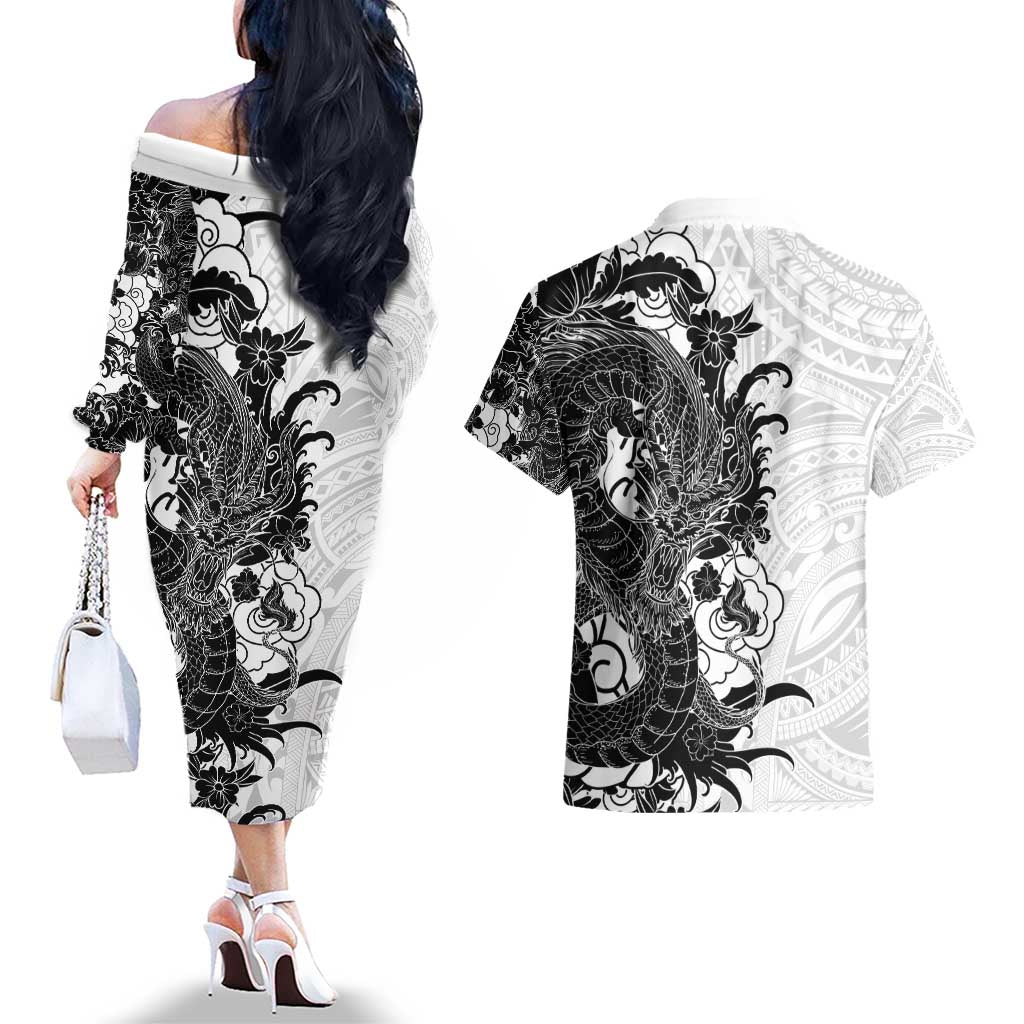 Hawaiian And Japanese Culture Couples Matching Off The Shoulder Long Sleeve Dress and Hawaiian Shirt Irezumi Dragon With Polynesian Pattern White - Polynesian Pride