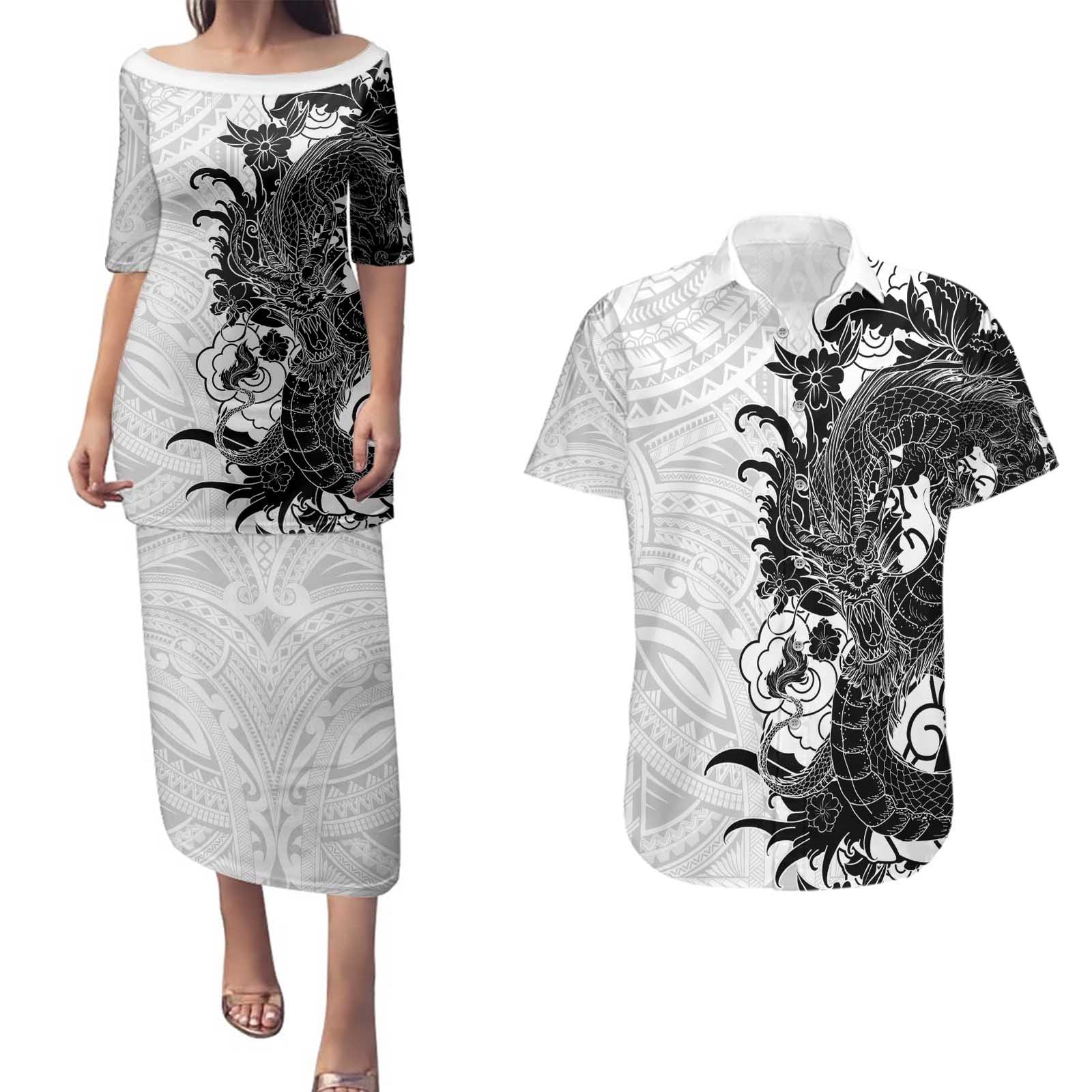 Hawaiian And Japanese Culture Couples Matching Puletasi and Hawaiian Shirt Irezumi Dragon With Polynesian Pattern White - Polynesian Pride