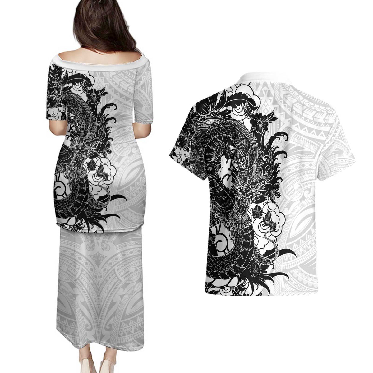 Hawaiian And Japanese Culture Couples Matching Puletasi and Hawaiian Shirt Irezumi Dragon With Polynesian Pattern White - Polynesian Pride