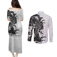 Hawaiian And Japanese Culture Couples Matching Puletasi and Long Sleeve Button Shirt Irezumi Dragon With Polynesian Pattern White - Polynesian Pride