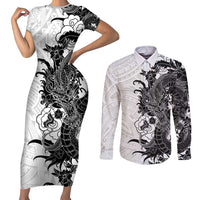 Hawaiian And Japanese Culture Couples Matching Short Sleeve Bodycon Dress and Long Sleeve Button Shirt Irezumi Dragon With Polynesian Pattern White - Polynesian Pride