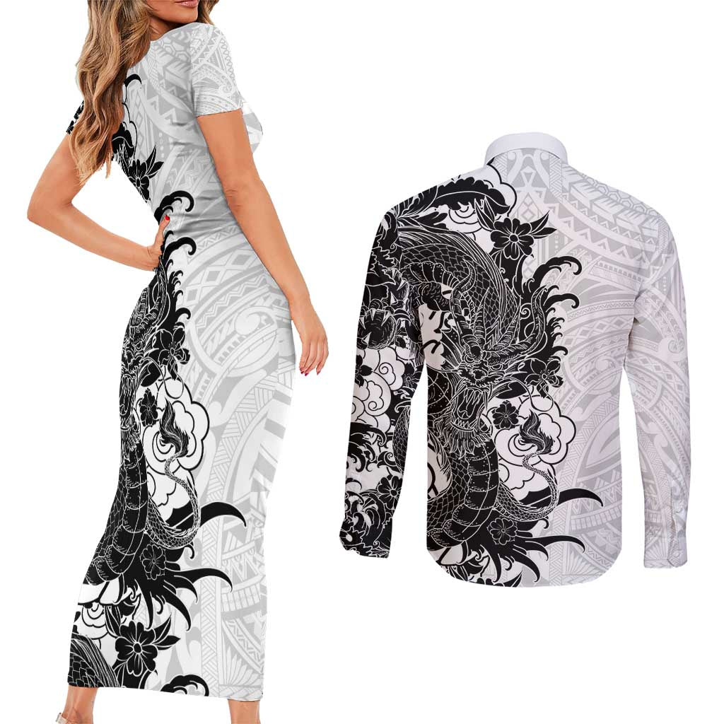Hawaiian And Japanese Culture Couples Matching Short Sleeve Bodycon Dress and Long Sleeve Button Shirt Irezumi Dragon With Polynesian Pattern White - Polynesian Pride
