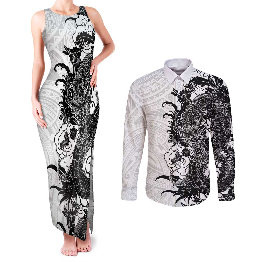 Hawaiian And Japanese Culture Couples Matching Tank Maxi Dress and Long Sleeve Button Shirt Irezumi Dragon With Polynesian Pattern White - Polynesian Pride