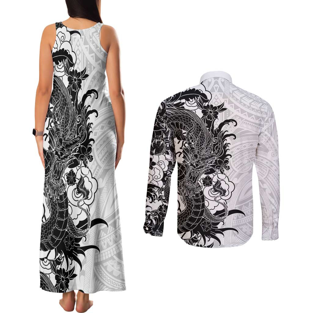 Hawaiian And Japanese Culture Couples Matching Tank Maxi Dress and Long Sleeve Button Shirt Irezumi Dragon With Polynesian Pattern White - Polynesian Pride