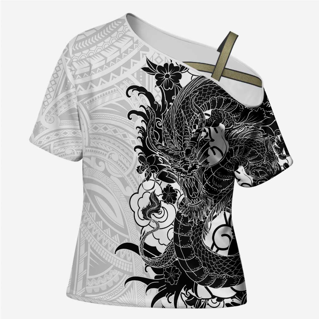 Hawaiian And Japanese Culture Cross Shoulder Shirt Irezumi Dragon With Polynesian Pattern White - Polynesian Pride