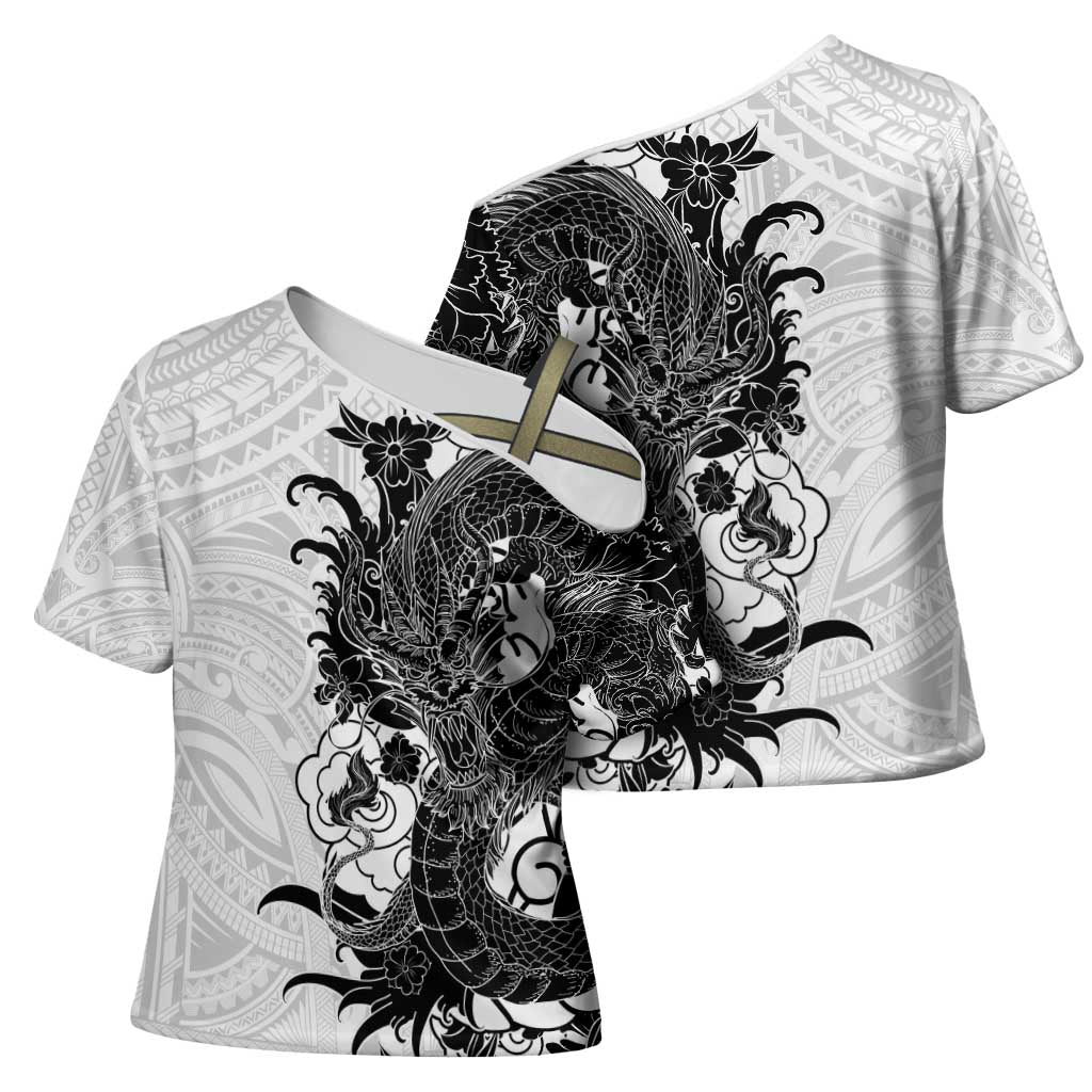 Hawaiian And Japanese Culture Cross Shoulder Shirt Irezumi Dragon With Polynesian Pattern White - Polynesian Pride