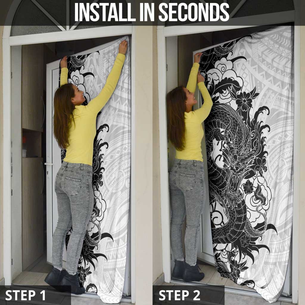 Hawaiian And Japanese Culture Door Cover Irezumi Dragon With Polynesian Pattern White - Polynesian Pride