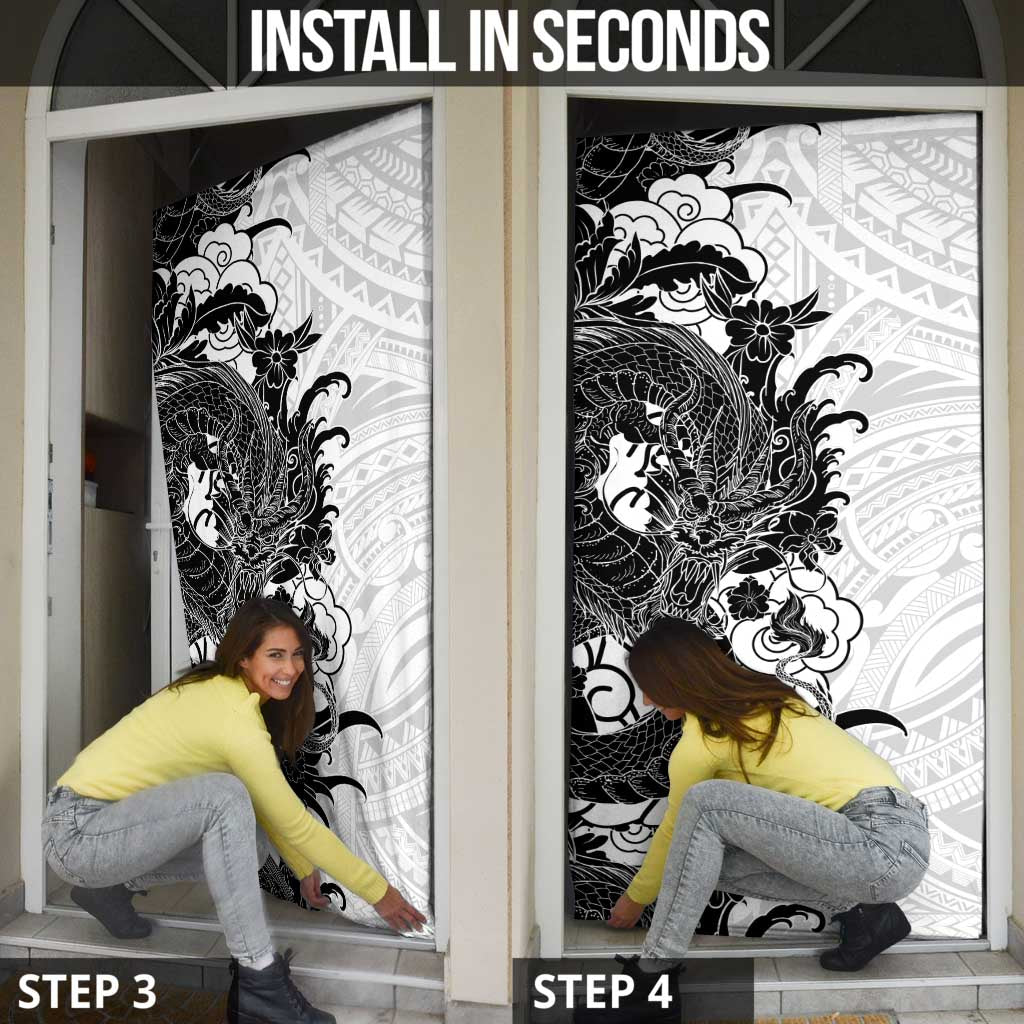 Hawaiian And Japanese Culture Door Cover Irezumi Dragon With Polynesian Pattern White - Polynesian Pride