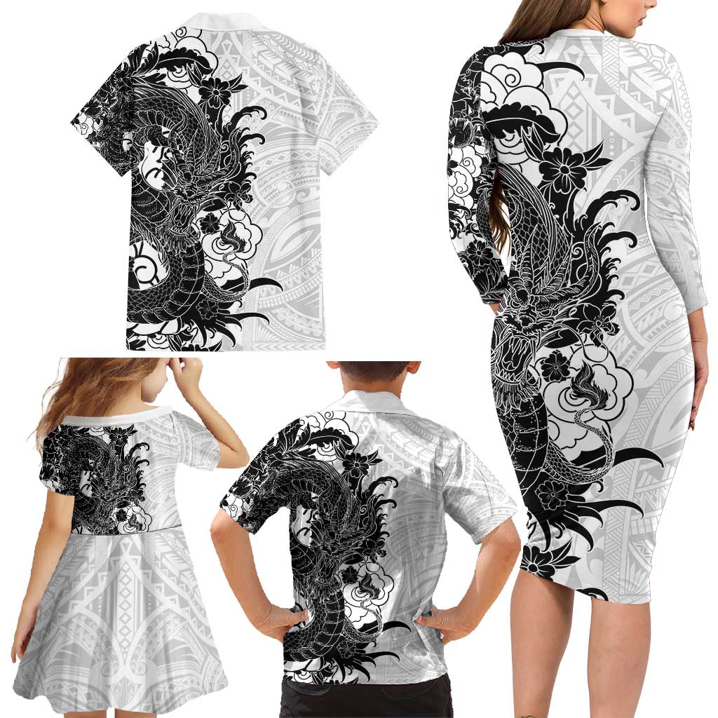 Hawaiian And Japanese Culture Family Matching Long Sleeve Bodycon Dress and Hawaiian Shirt Irezumi Dragon With Polynesian Pattern White - Polynesian Pride