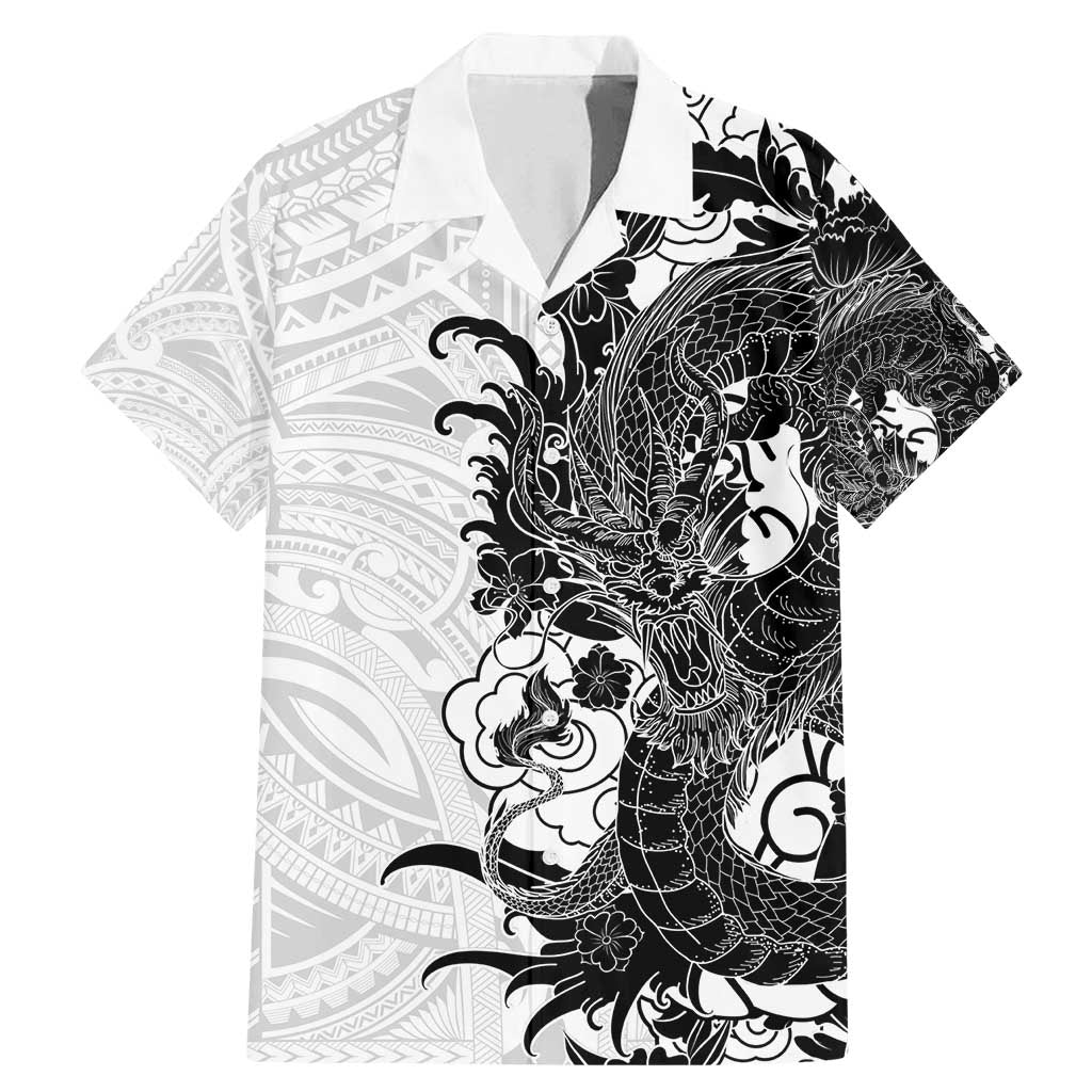 Hawaiian And Japanese Culture Family Matching Mermaid Dress and Hawaiian Shirt Irezumi Dragon With Polynesian Pattern White - Polynesian Pride