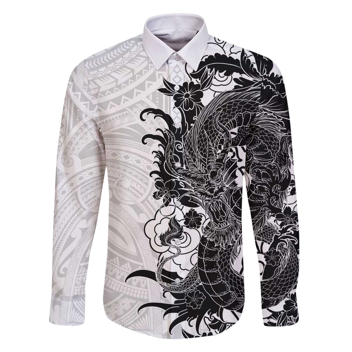 Hawaiian And Japanese Culture Family Matching Off The Shoulder Long Sleeve Dress and Hawaiian Shirt Irezumi Dragon With Polynesian Pattern White - Polynesian Pride