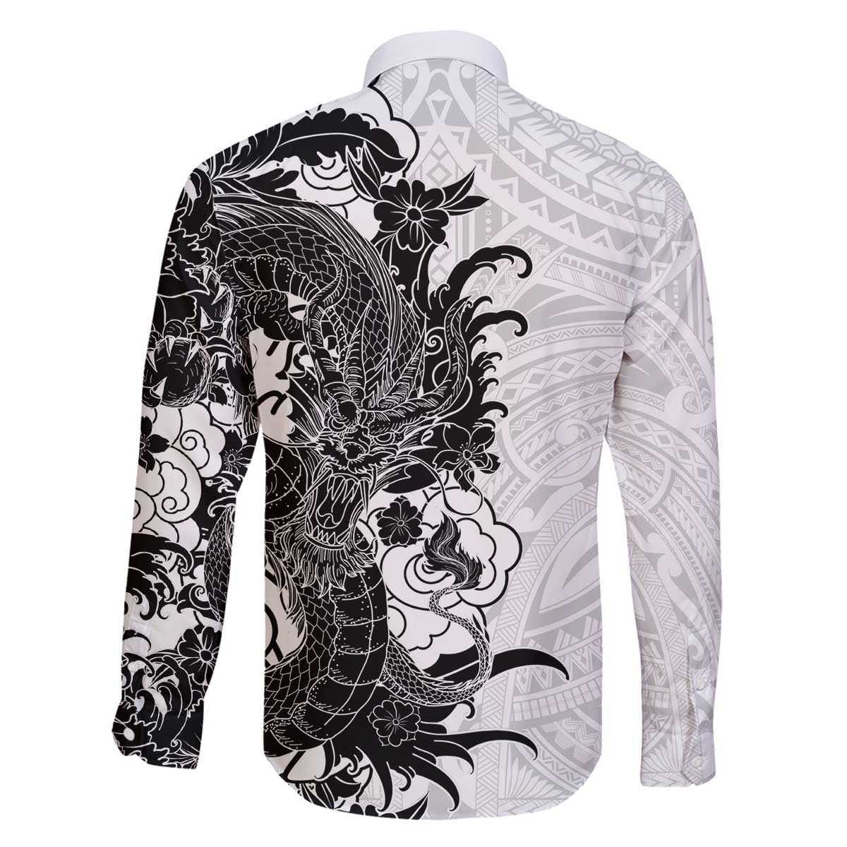 Hawaiian And Japanese Culture Family Matching Off The Shoulder Long Sleeve Dress and Hawaiian Shirt Irezumi Dragon With Polynesian Pattern White - Polynesian Pride
