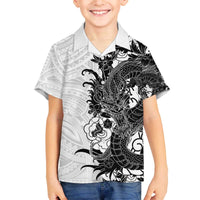 Hawaiian And Japanese Culture Family Matching Off The Shoulder Long Sleeve Dress and Hawaiian Shirt Irezumi Dragon With Polynesian Pattern White - Polynesian Pride
