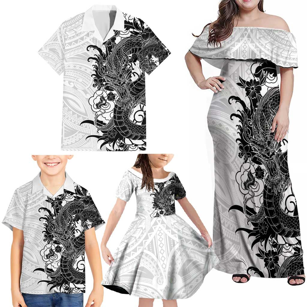 Hawaiian And Japanese Culture Family Matching Off Shoulder Maxi Dress and Hawaiian Shirt Irezumi Dragon With Polynesian Pattern White - Polynesian Pride