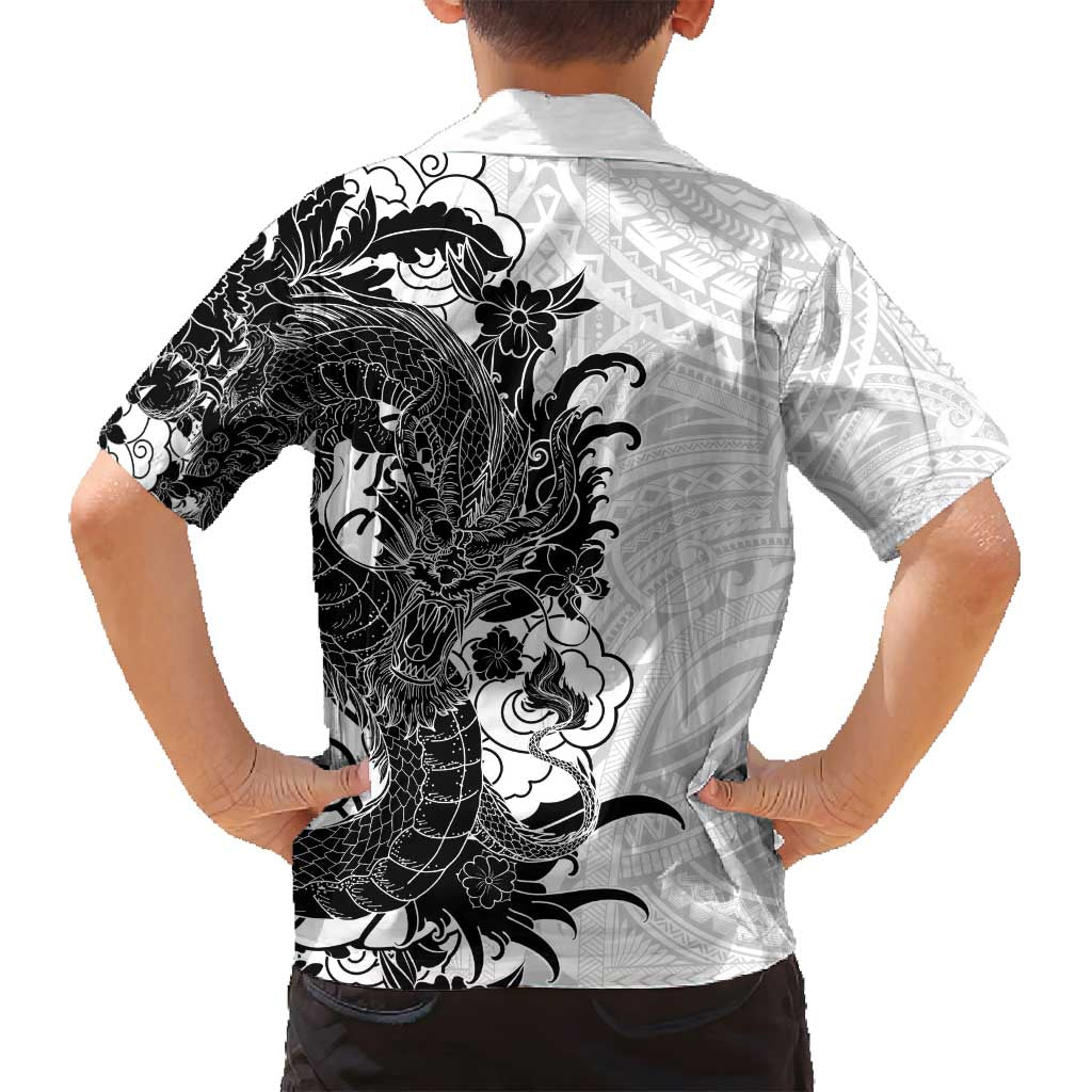 Hawaiian And Japanese Culture Family Matching Off Shoulder Short Dress and Hawaiian Shirt Irezumi Dragon With Polynesian Pattern White - Polynesian Pride