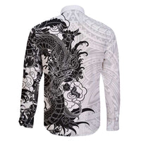 Hawaiian And Japanese Culture Family Matching Off Shoulder Short Dress and Hawaiian Shirt Irezumi Dragon With Polynesian Pattern White - Polynesian Pride