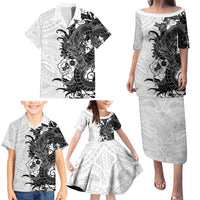 Hawaiian And Japanese Culture Family Matching Puletasi and Hawaiian Shirt Irezumi Dragon With Polynesian Pattern White - Polynesian Pride