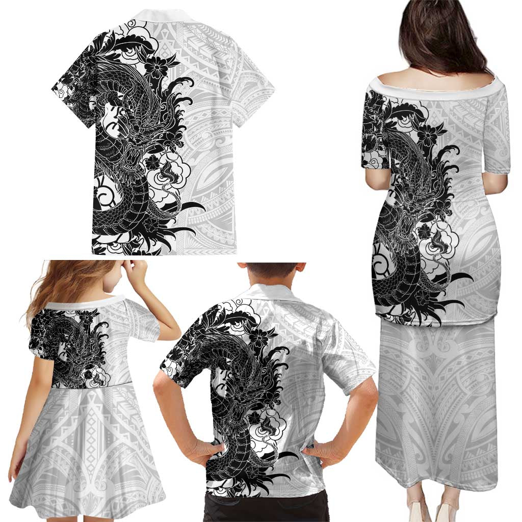 Hawaiian And Japanese Culture Family Matching Puletasi and Hawaiian Shirt Irezumi Dragon With Polynesian Pattern White - Polynesian Pride