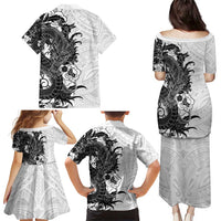 Hawaiian And Japanese Culture Family Matching Puletasi and Hawaiian Shirt Irezumi Dragon With Polynesian Pattern White - Polynesian Pride