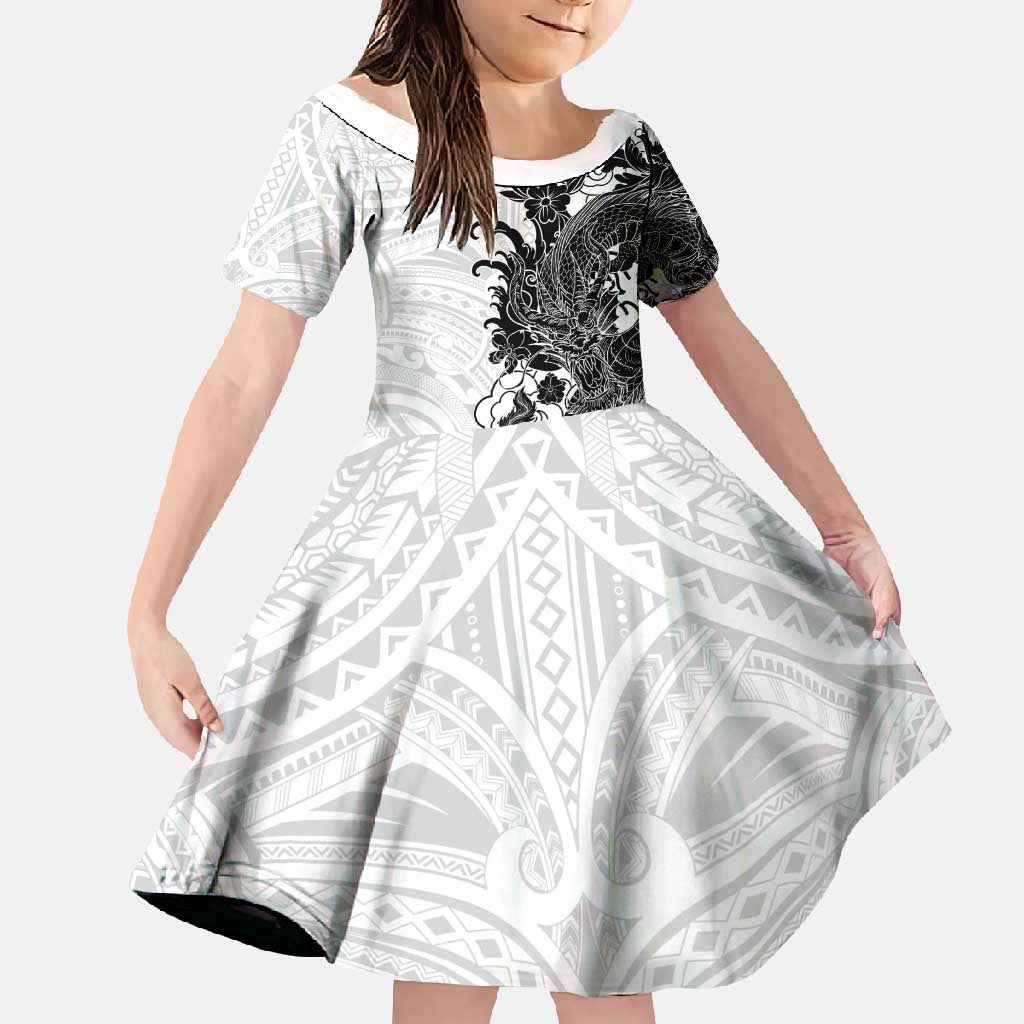 Hawaiian And Japanese Culture Family Matching Short Sleeve Bodycon Dress and Hawaiian Shirt Irezumi Dragon With Polynesian Pattern White - Polynesian Pride