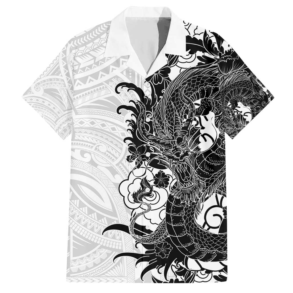 Hawaiian And Japanese Culture Family Matching Short Sleeve Bodycon Dress and Hawaiian Shirt Irezumi Dragon With Polynesian Pattern White - Polynesian Pride
