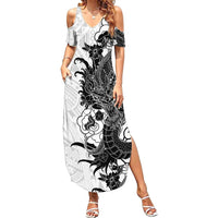 Hawaiian And Japanese Culture Family Matching Summer Maxi Dress and Hawaiian Shirt Irezumi Dragon With Polynesian Pattern White - Polynesian Pride