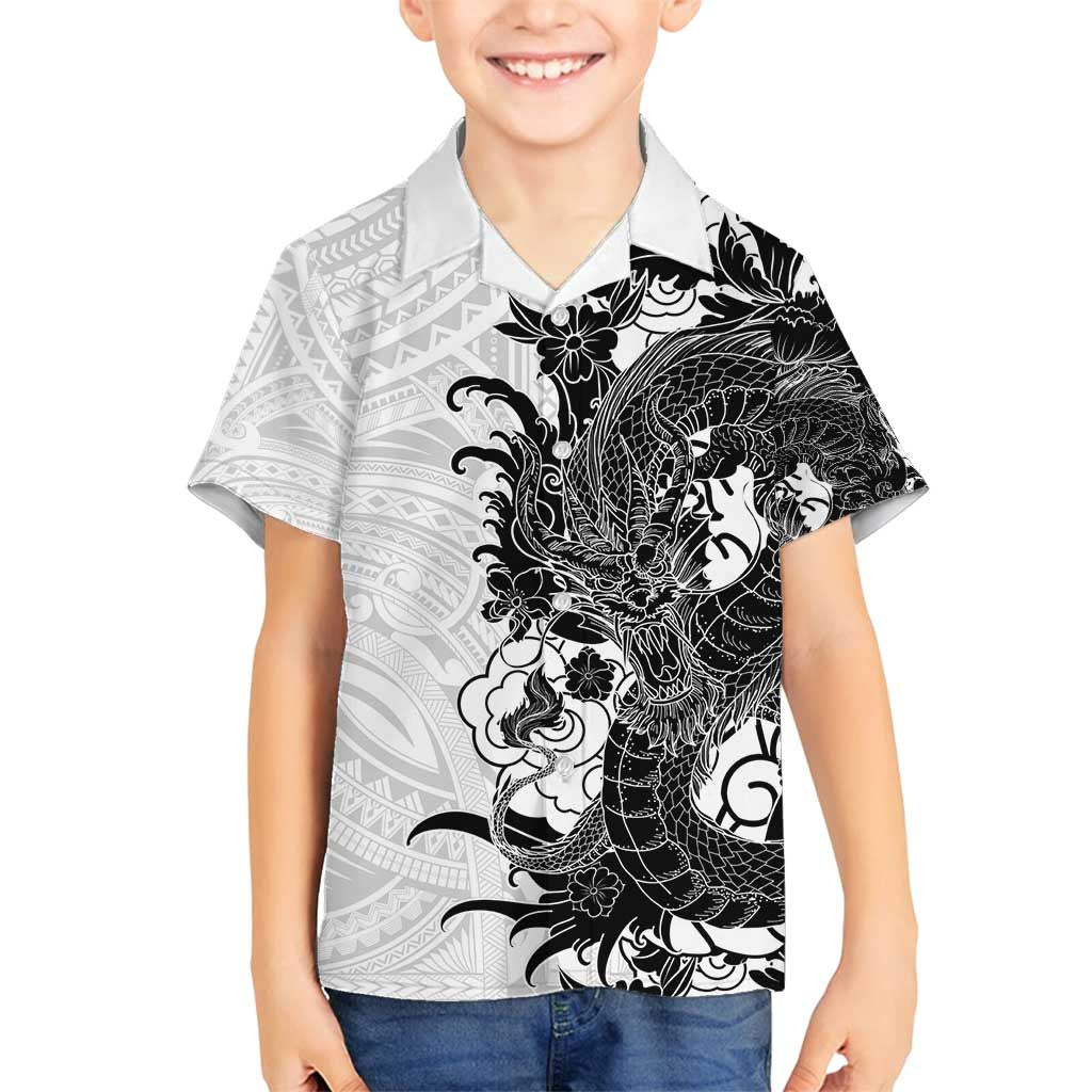 Hawaiian And Japanese Culture Family Matching Summer Maxi Dress and Hawaiian Shirt Irezumi Dragon With Polynesian Pattern White - Polynesian Pride