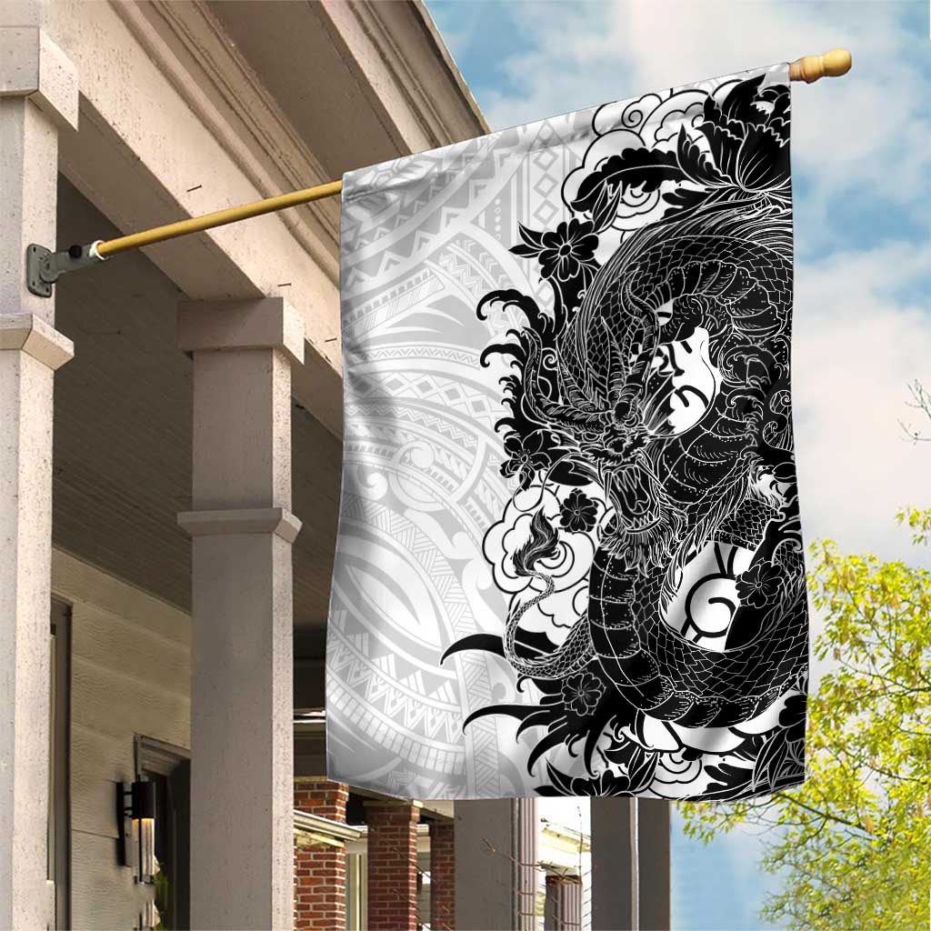 Hawaiian And Japanese Culture Garden Flag Irezumi Dragon With Polynesian Pattern White - Polynesian Pride