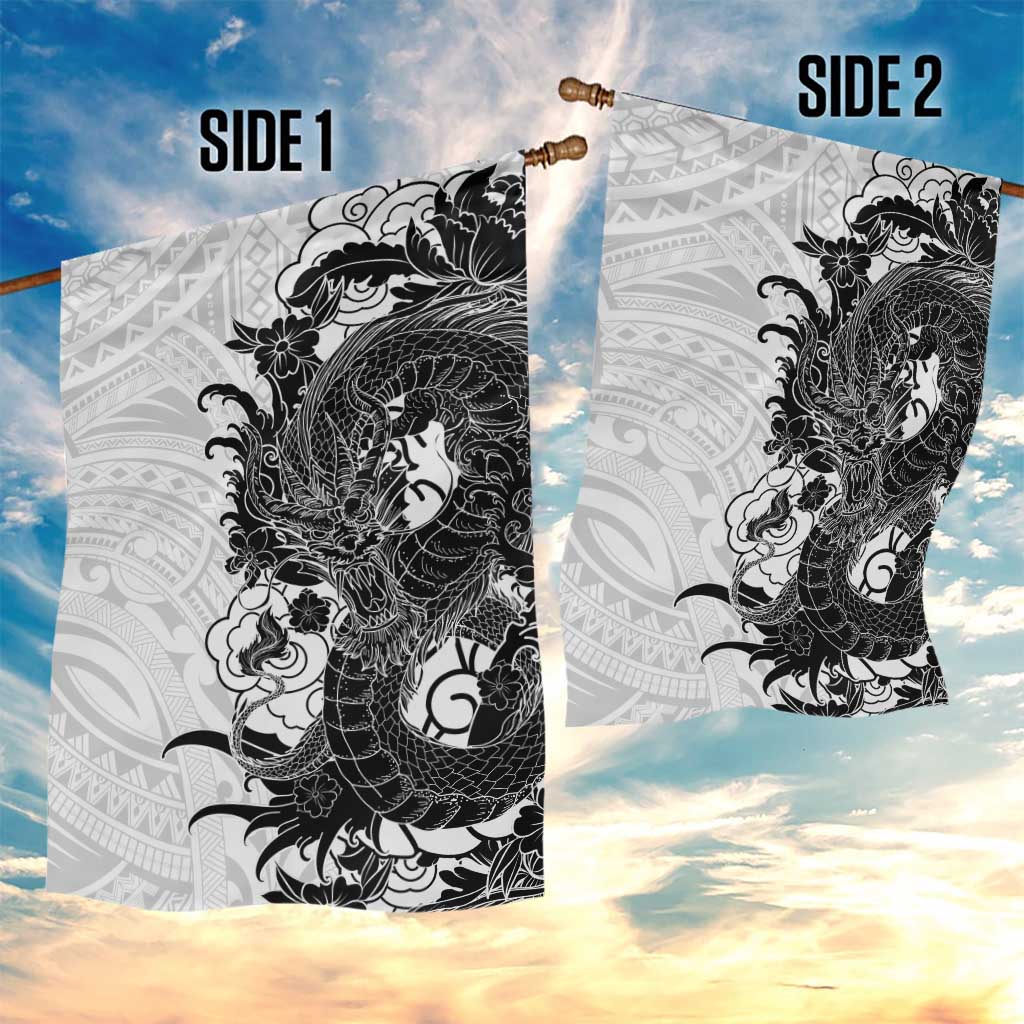 Hawaiian And Japanese Culture Garden Flag Irezumi Dragon With Polynesian Pattern White - Polynesian Pride