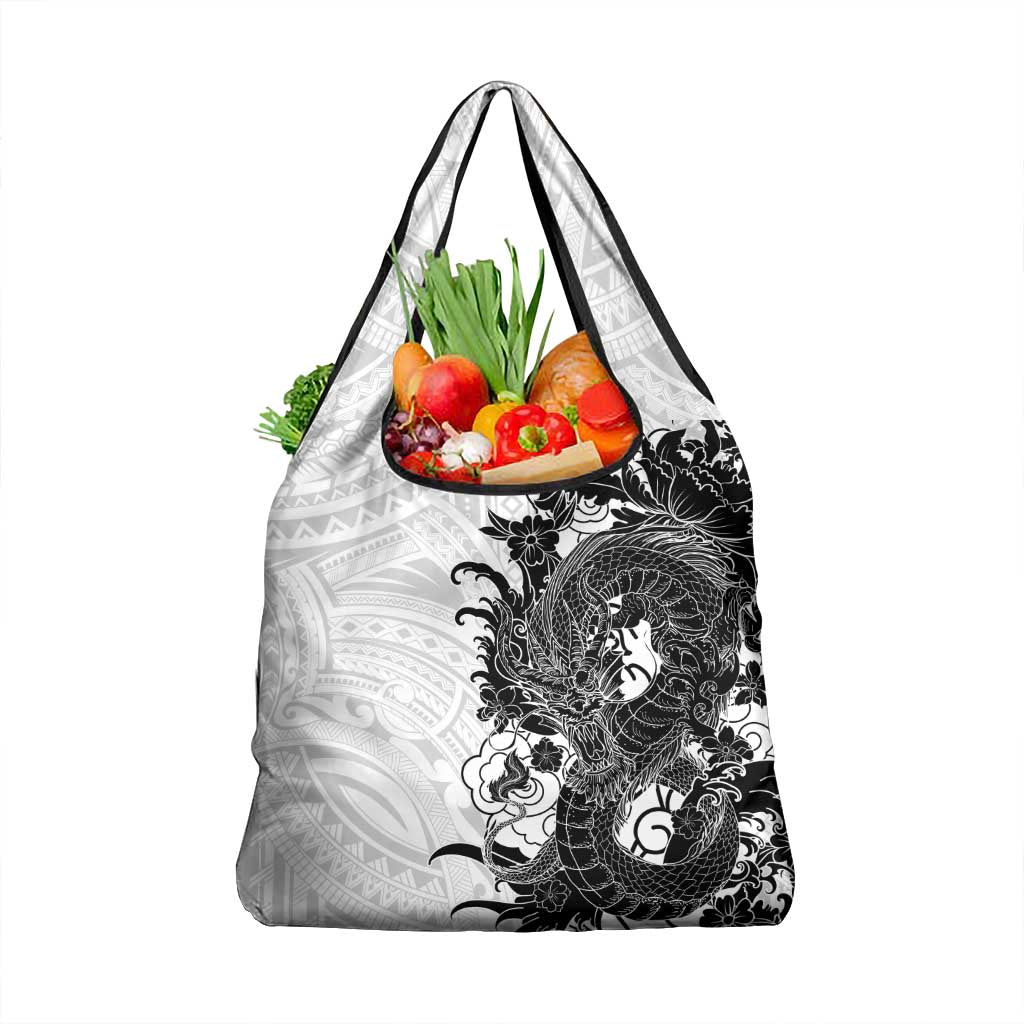 Hawaiian And Japanese Culture Grocery Bag Irezumi Dragon With Polynesian Pattern White - Polynesian Pride