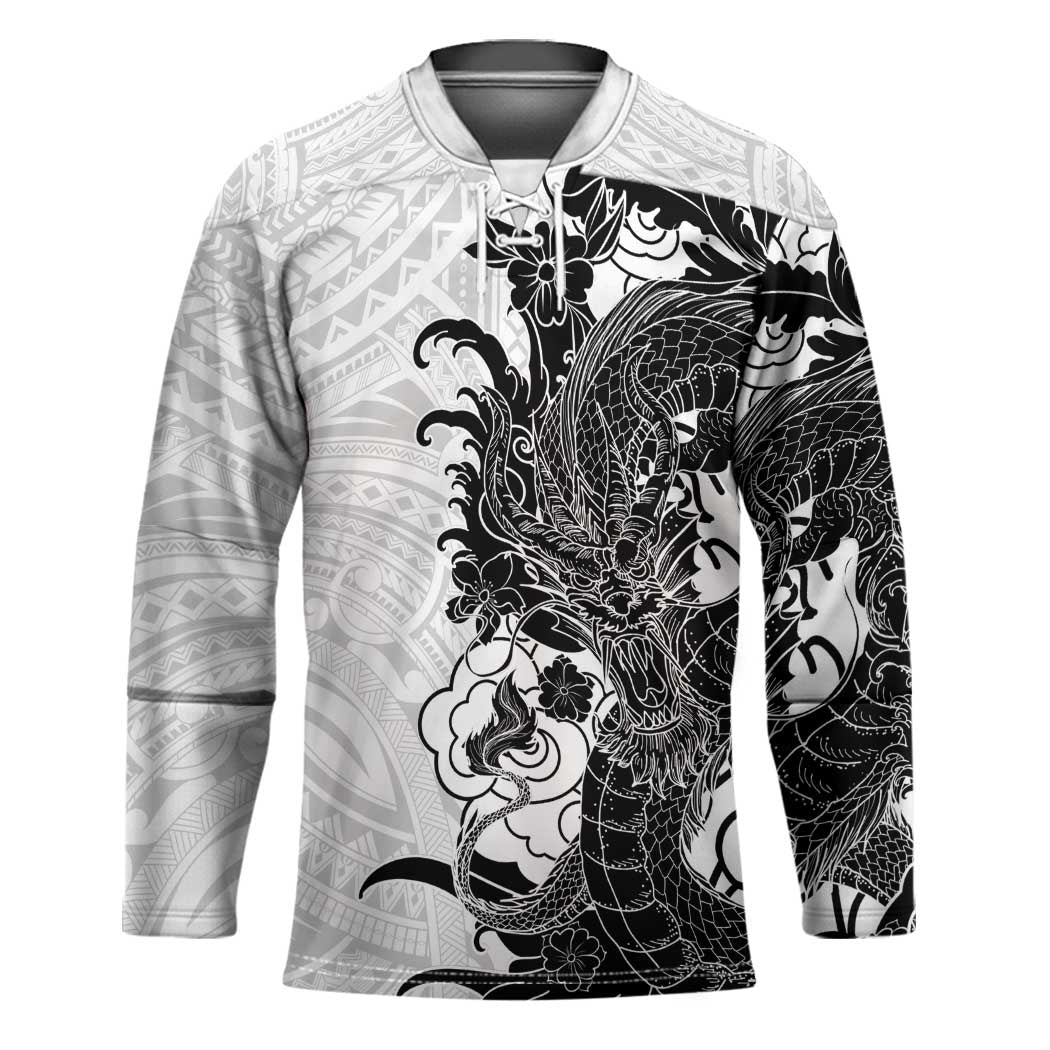 Hawaiian And Japanese Culture Hockey Jersey Irezumi Dragon With Polynesian Pattern White - Polynesian Pride