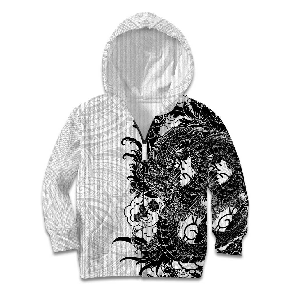 Hawaiian And Japanese Culture Kid Hoodie Irezumi Dragon With Polynesian Pattern White - Polynesian Pride