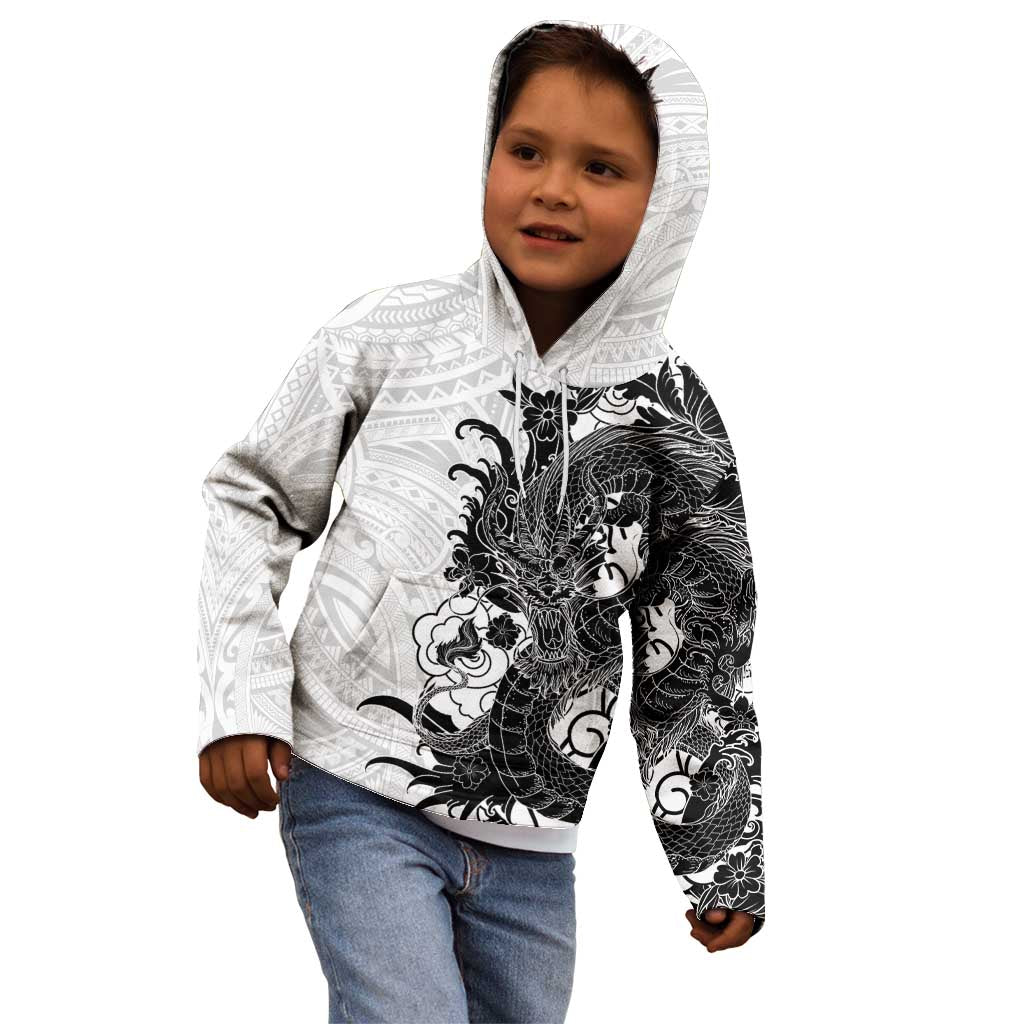 Hawaiian And Japanese Culture Kid Hoodie Irezumi Dragon With Polynesian Pattern White - Polynesian Pride