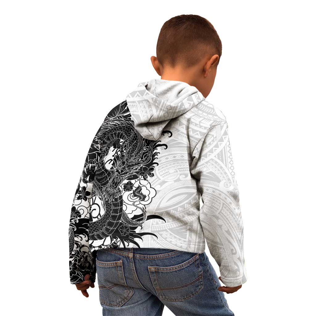 Hawaiian And Japanese Culture Kid Hoodie Irezumi Dragon With Polynesian Pattern White - Polynesian Pride