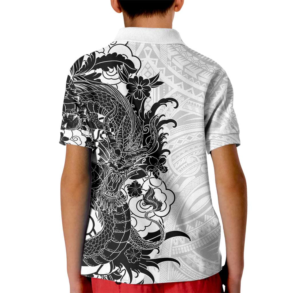 Hawaiian And Japanese Culture Kid Polo Shirt Irezumi Dragon With Polynesian Pattern White - Polynesian Pride