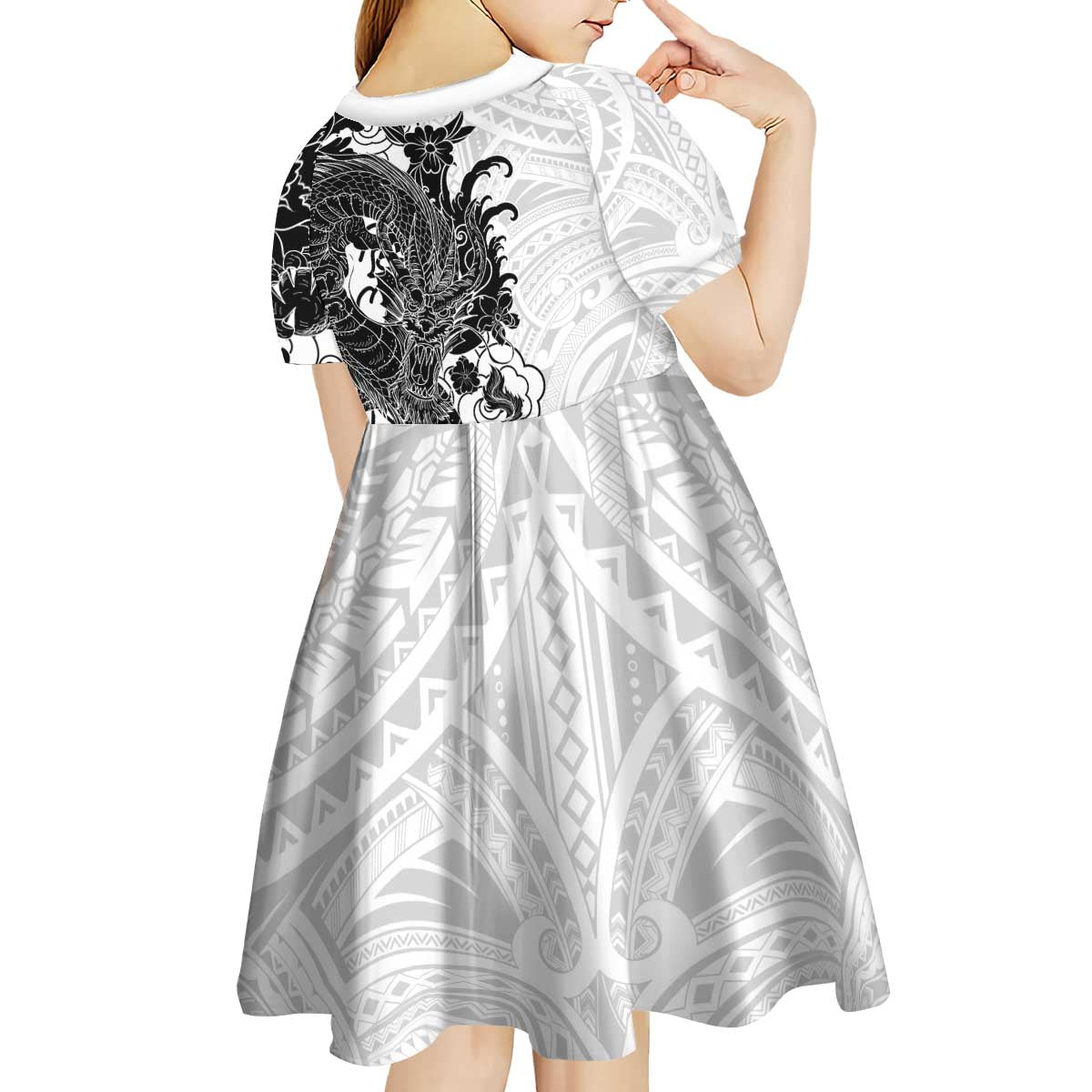 Hawaiian And Japanese Culture Kid Short Sleeve Dress Irezumi Dragon With Polynesian Pattern White - Polynesian Pride