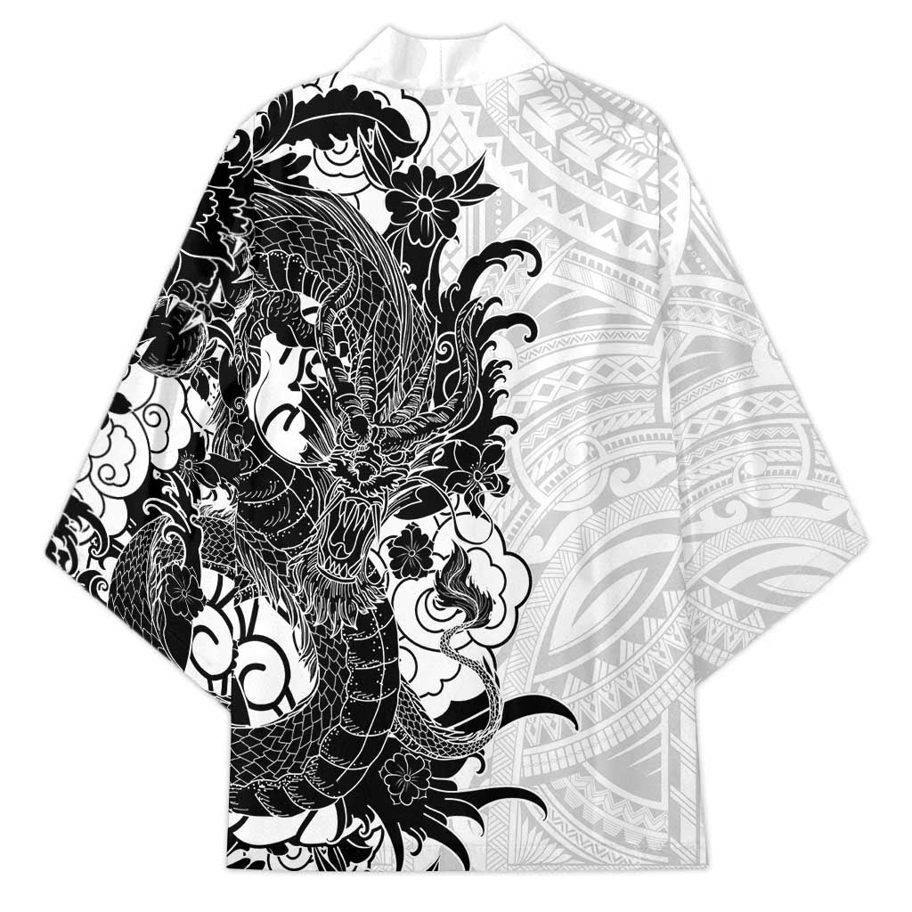 Hawaiian And Japanese Culture Kimono Irezumi Dragon With Polynesian Pattern White - Polynesian Pride