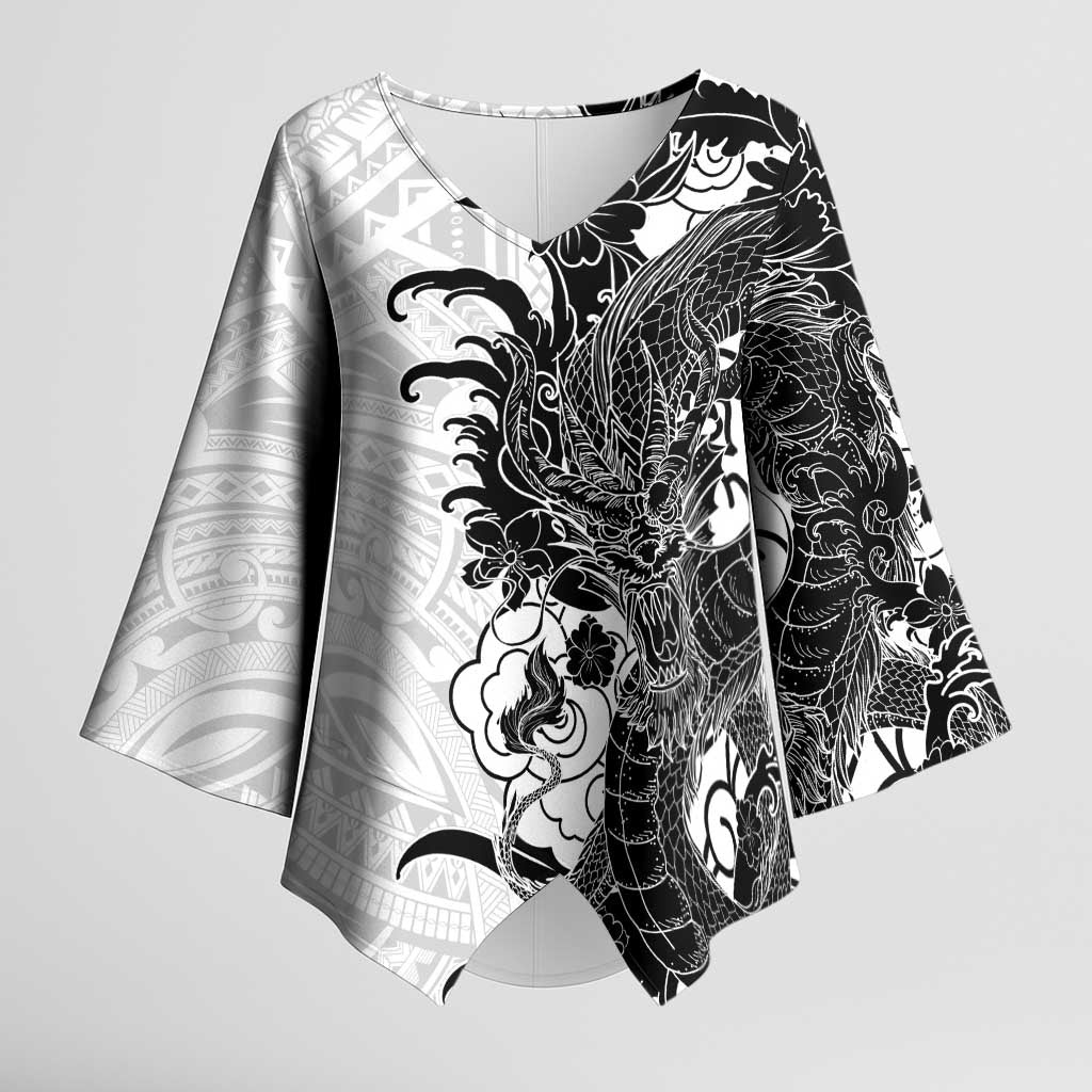 Hawaiian And Japanese Culture Kimono Sleeve Blouse Irezumi Dragon With Polynesian Pattern White - Polynesian Pride