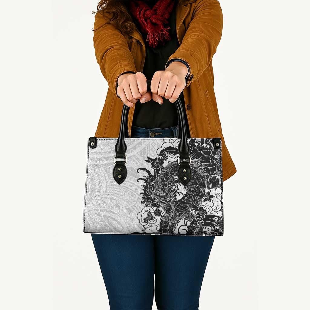 Hawaiian And Japanese Culture Leather Bag Irezumi Dragon With Polynesian Pattern White - Polynesian Pride