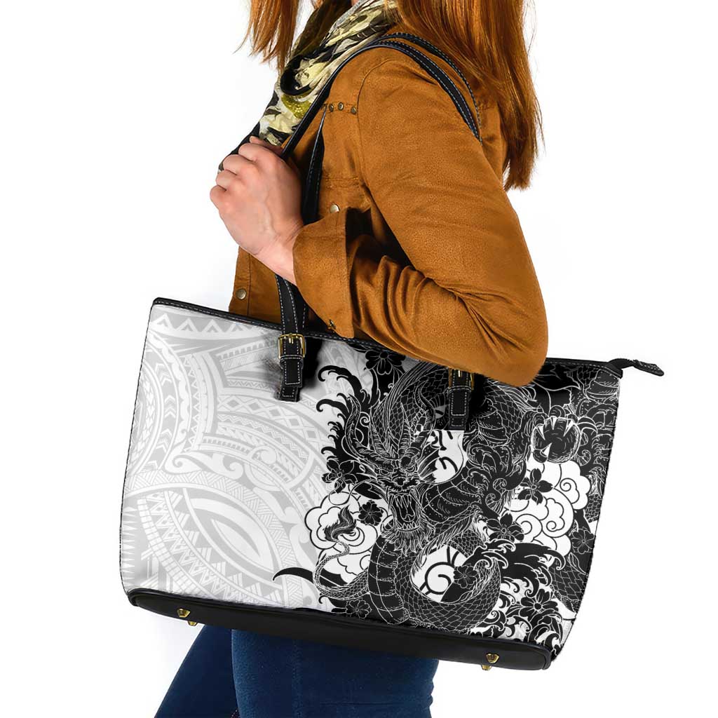 Hawaiian And Japanese Culture Leather Tote Bag Irezumi Dragon With Polynesian Pattern White - Polynesian Pride